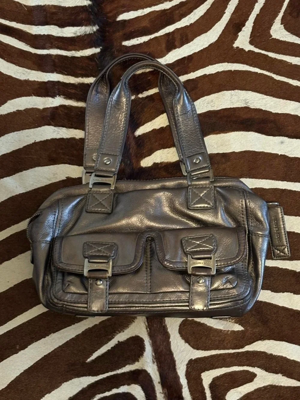 Michael Kors Metallic Gray Leather Messenger Satchel